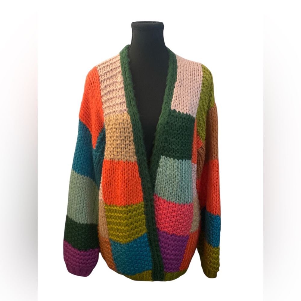 In Bloom Chunky Cardigan Sweater Vibrant Patchwork Design EUC M/L